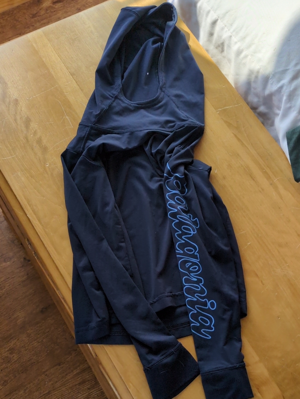 Patagonia Navy Blue Long Sleeve Hoodie Tee with Light Blue Script